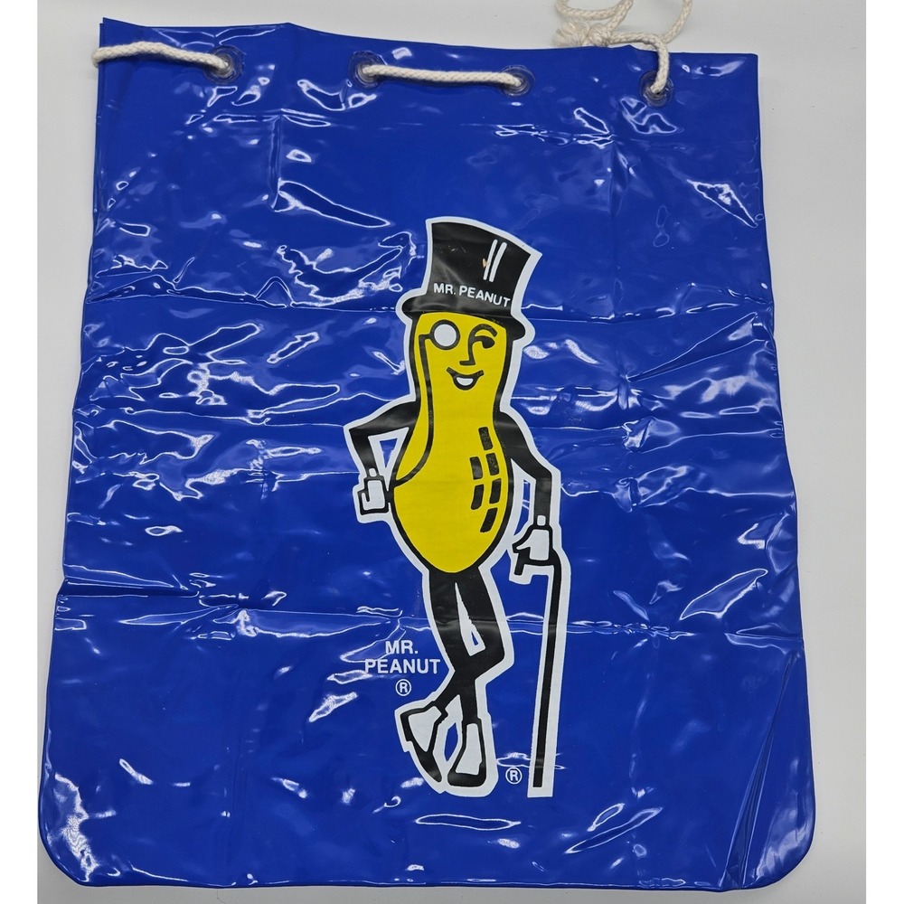Vintage Mr.‎ Peanut Planters Blue Drawstring Plastic Gym Swim Beach Bag
